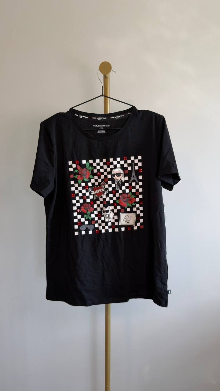 Karl Lagerfeld Paris Checkboard Logo Crewneck Motif Top M Black NWT $59