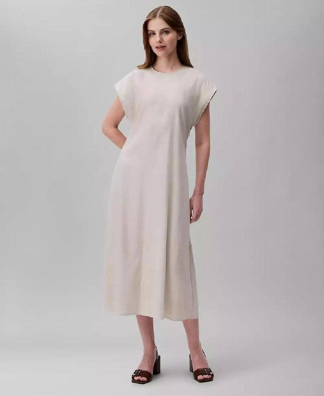 Calvin Klein Linen‑Blend Dolman‑Sleeve Midi Dress -Beige– Size M – NWT – $149