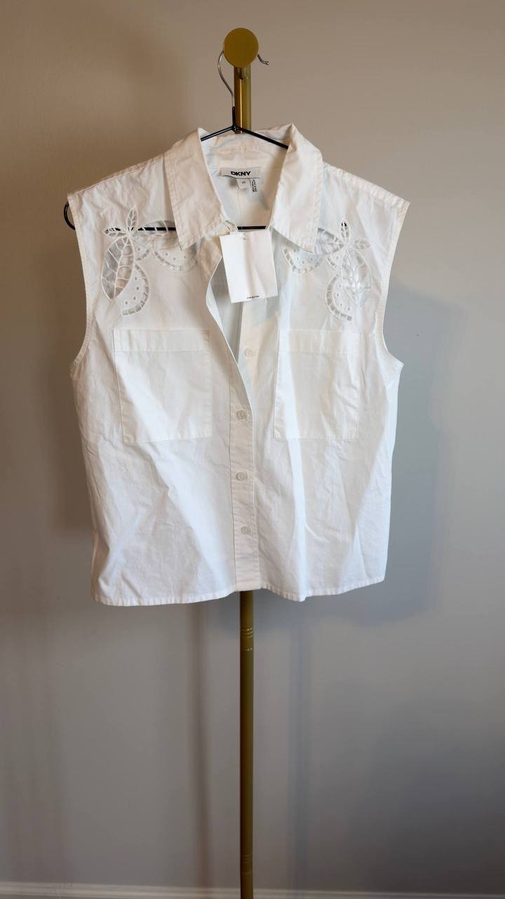 DKNY Cotton Sleeveless Ladder‑Trim Blouse White XS NWT $89