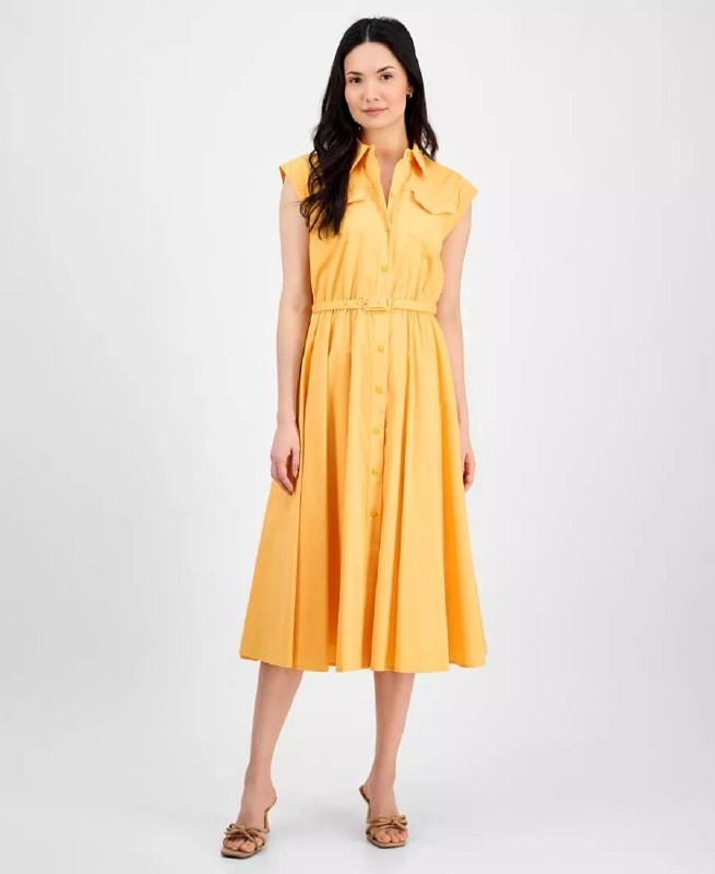 T Tahari Spread‑Collar Button‑Front Midi Dress Mango Slice Size 12 NWT msrp $158
