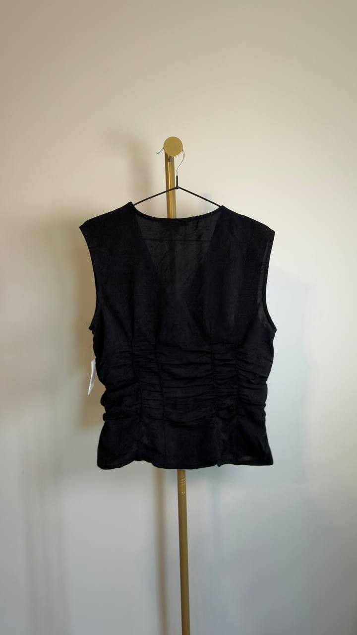 Ellen Tracy Sleeveless Ruched Button‑Front Top Black S NWT $79