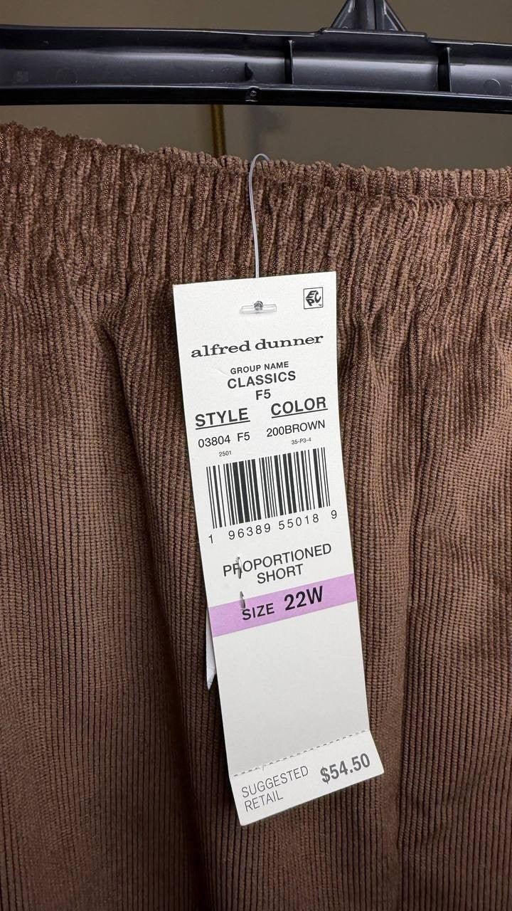 Alfred Dunner Plus Size Slimming Corduroy Pants Brown 22W NWT $54.50
