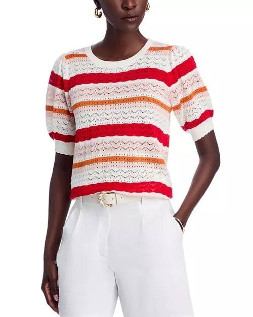 T Tahari Women’s Pointelle Blouson‑Sleeve Sweater White Star Black  $78 NWT