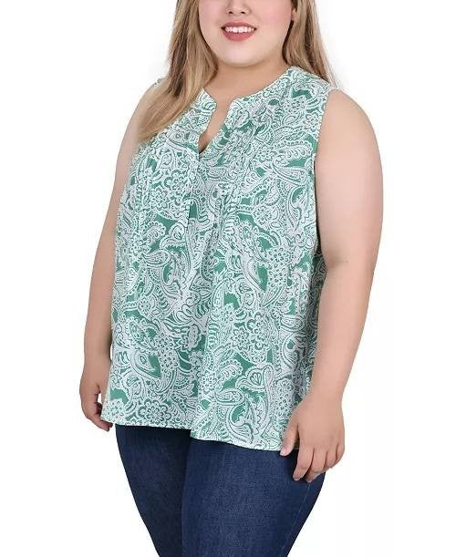 NY Collection Plus Size Sleeveless Pintucked Blouse Green 3X NWT $44