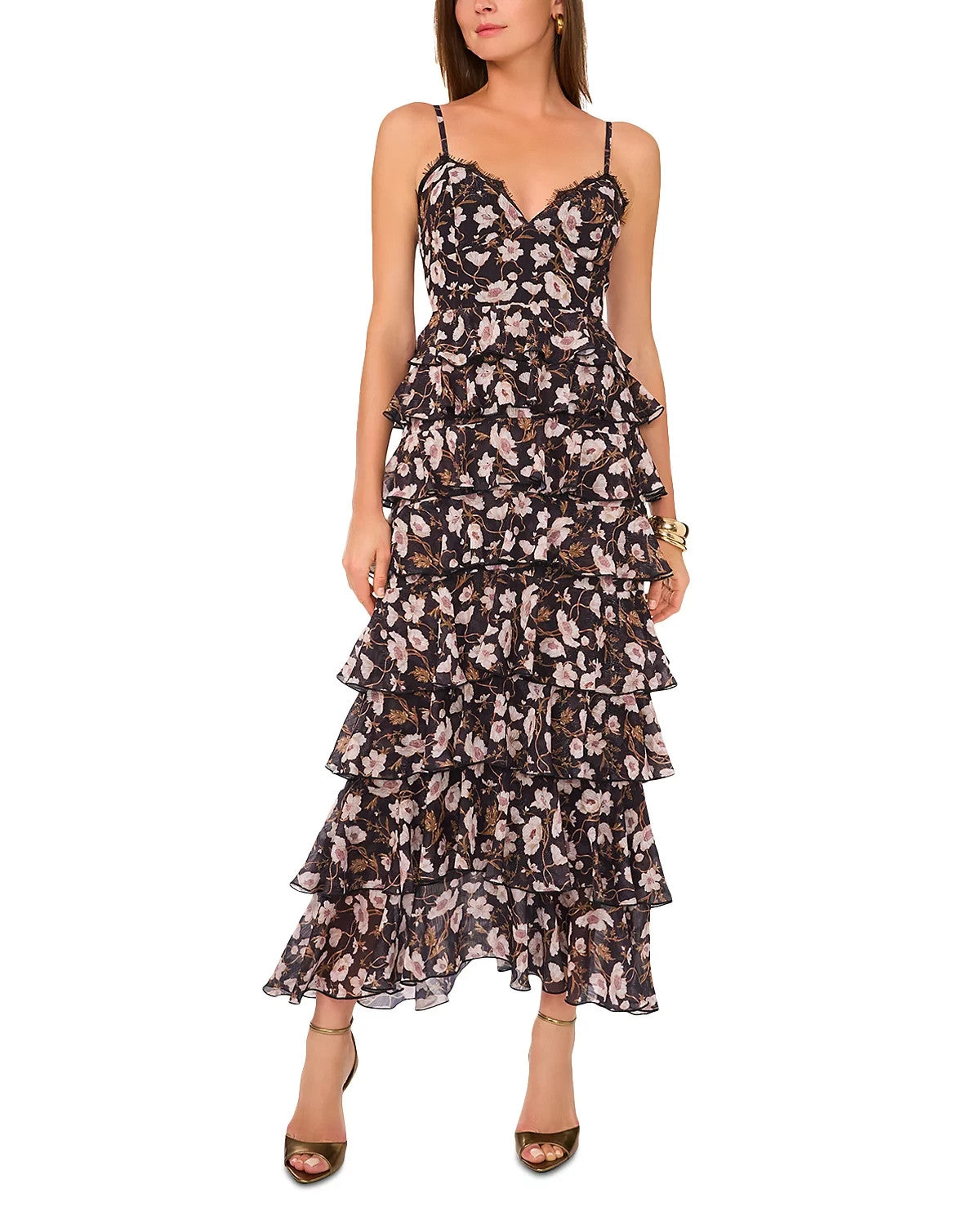 1.STATE Printed V-Neck Tiered Maxi Dress – Black Floral, Size M