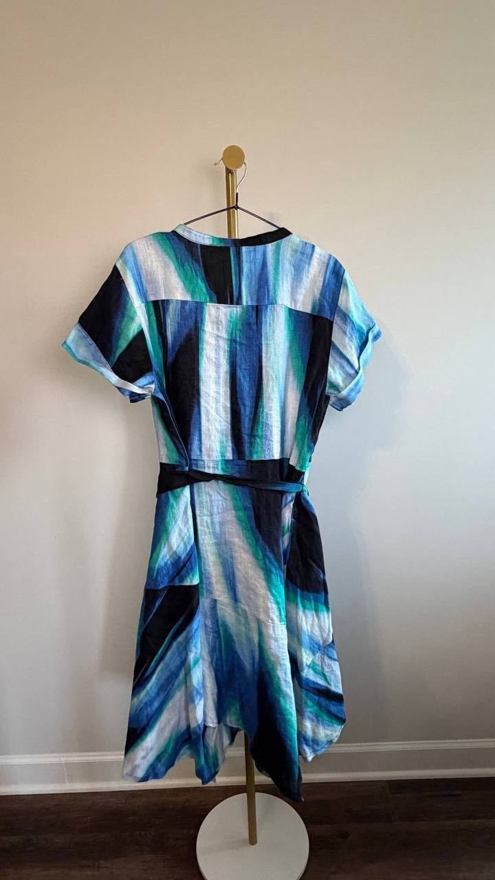 DKNY Printed Linen Short‑Sleeve Wrap Dress Caribbean Multi 12 NWT $159