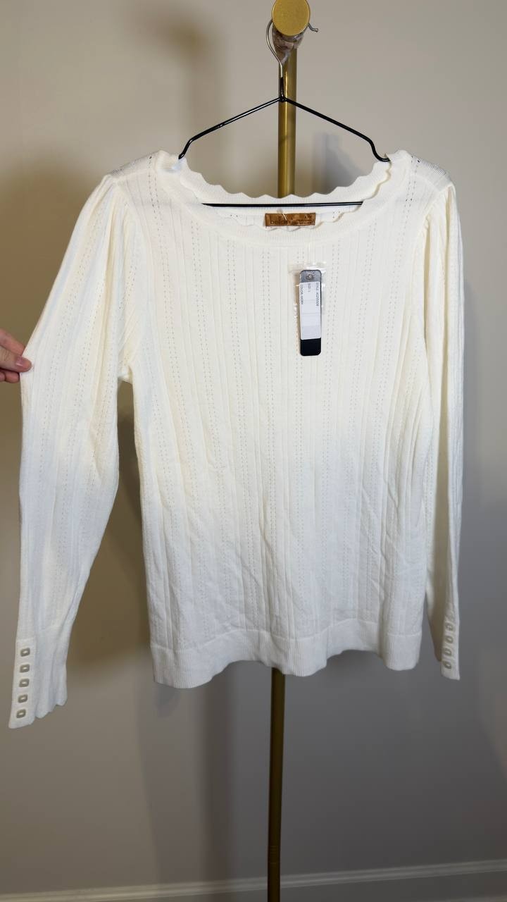 Belldini Scalloped-Trim Boat Neck Sweater White L NWT $59