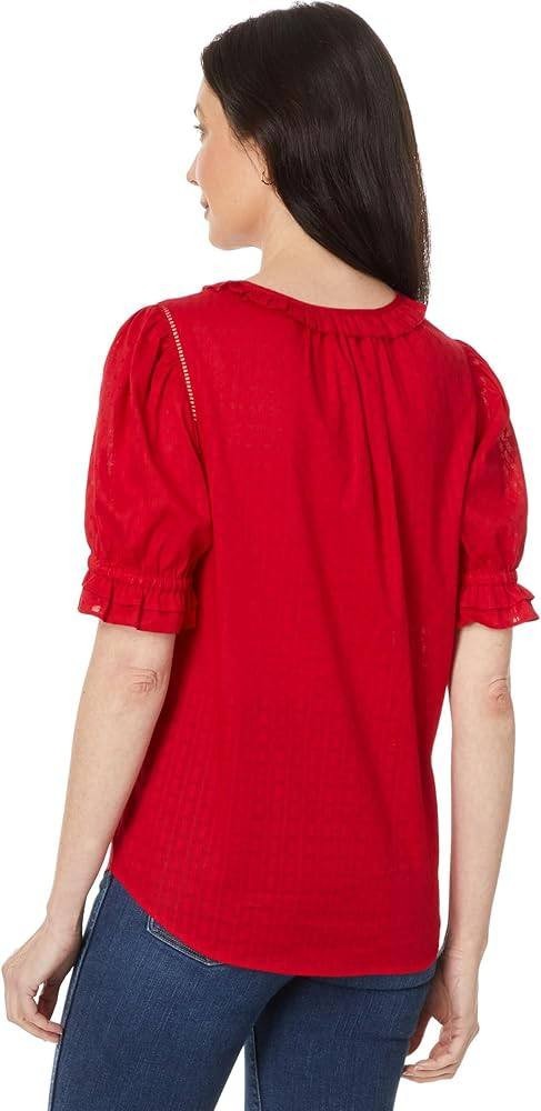 Tommy Hilfiger Puff Sleeve Top – Size S – NWT – Scarlet Red Dobby Stripe V-Neck
