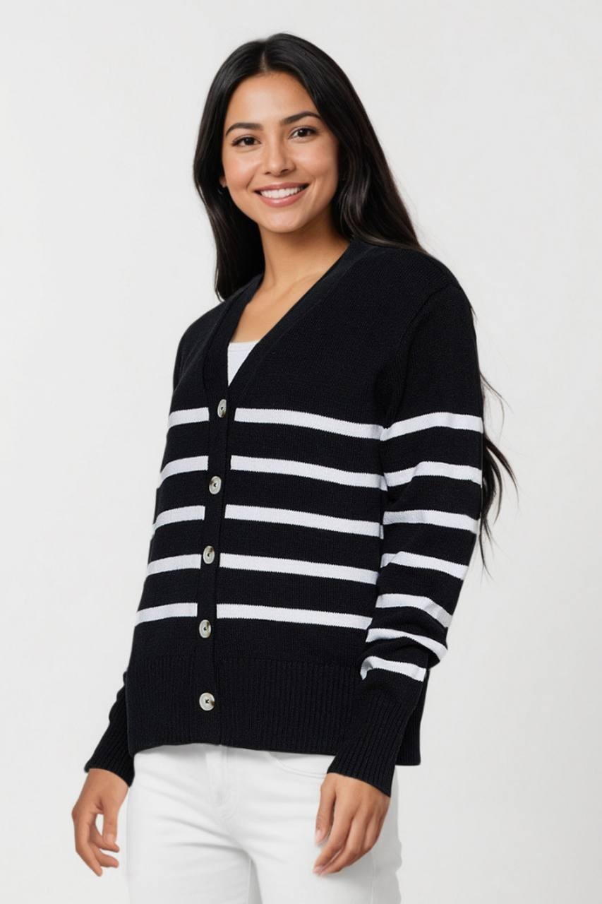 Three Dots Women’s Mackenzie Knit Button Cardigan Black Stripe M $98 NWT
