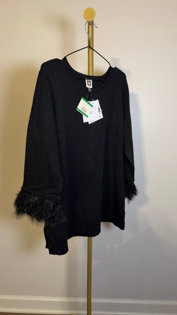 Anne Klein Crewneck Feather‑Trim Cuff Sweater Black L NWT $129