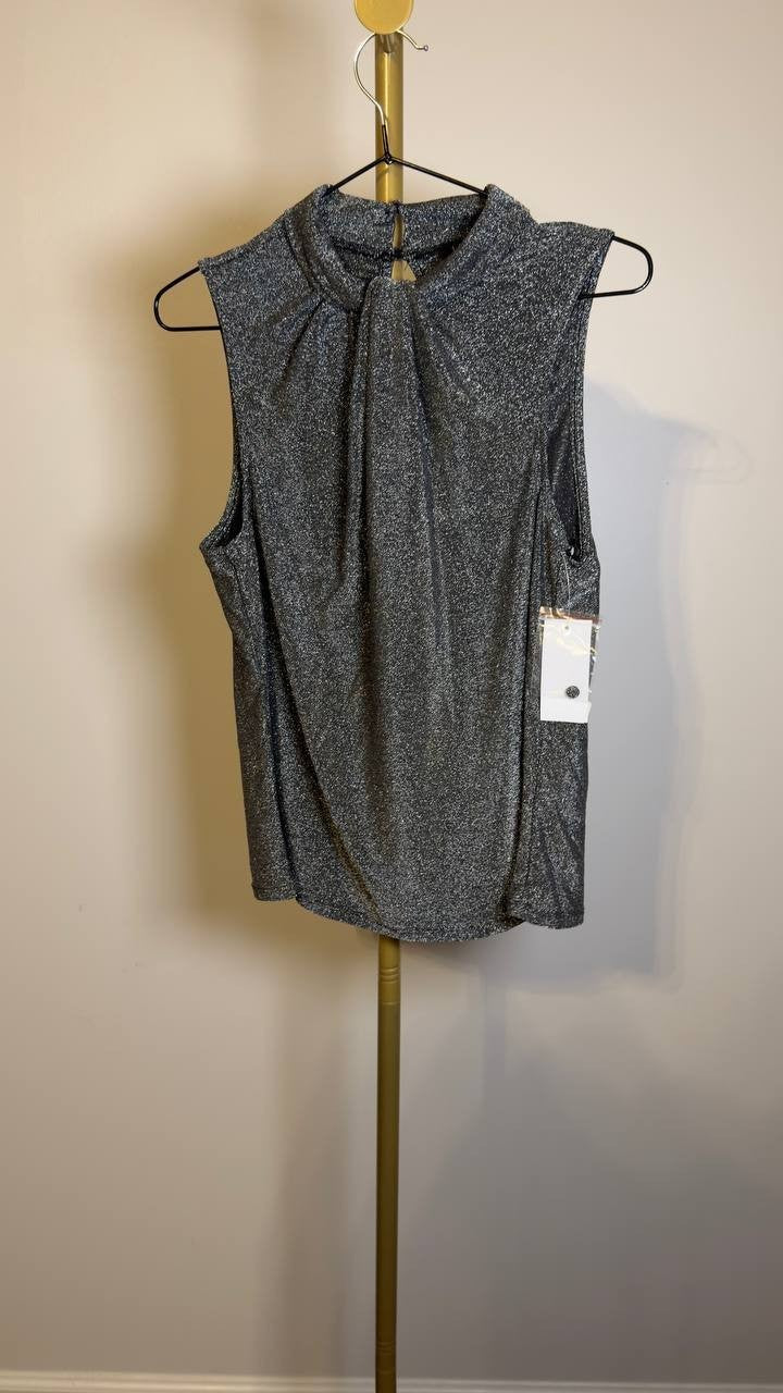 1.STATE Sugarcoated Metallic High‑Neck Sleeveless Top Rich Black L NWT $59