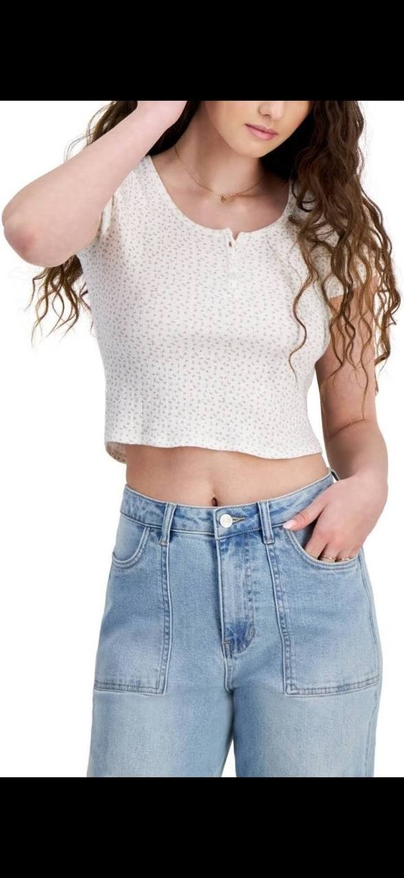 Just Polly Cotton Pointelle Henley Tee Ivory/Pink XL NWT $22