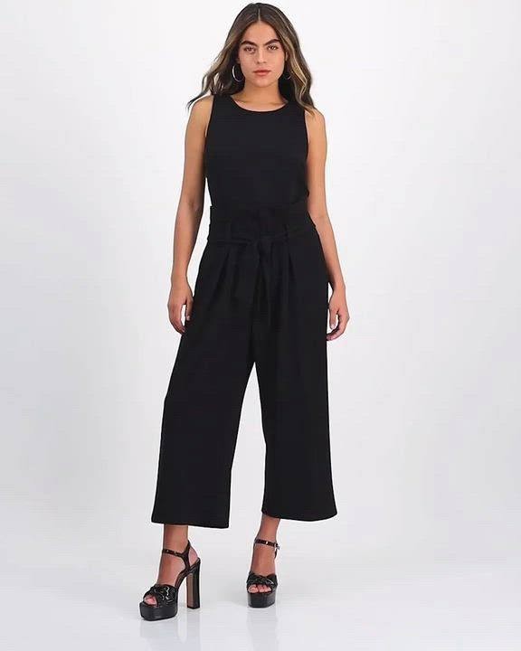Bar III Jumpsuit PP Black Petite Sleeveless Crewneck Tie Waist Cropped NWT