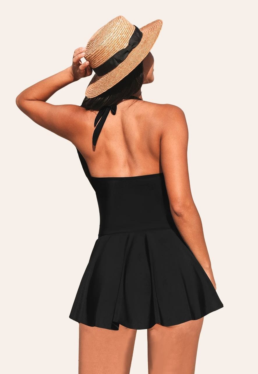 Cupshe Backless Halter One-Piece Swimdress Black M NWT $50
