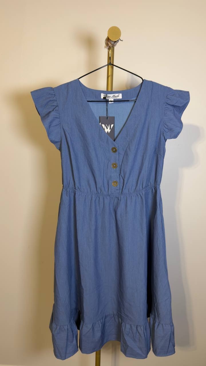 White Mark Ruffle Sleeve Button-Front Knee-Length Dress Blue L NWT $76