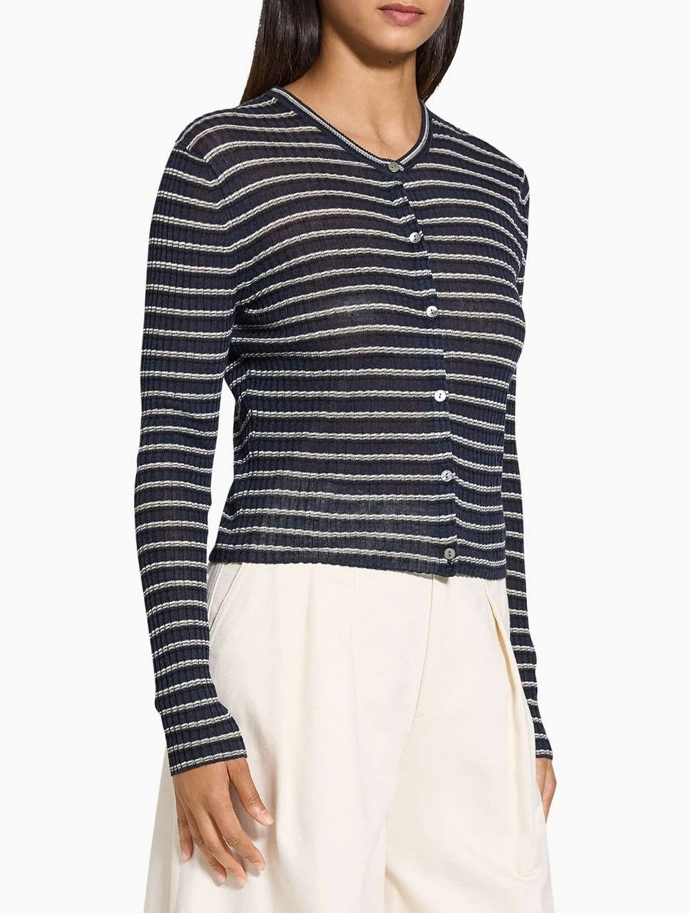 Theory Striped Linen-Blend Crop Cardigan Nocturne Navy Multi Size L Women