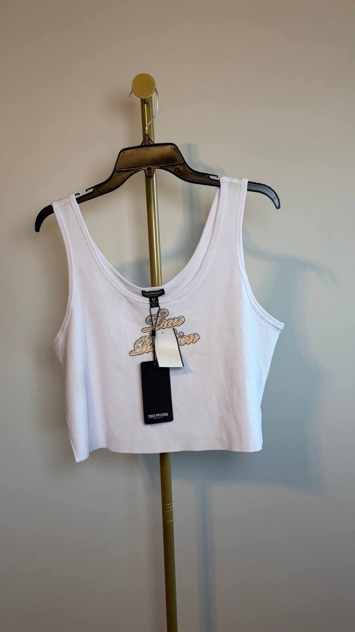 True Religion Raw Hem Crystal Logo Tank Top White XXL NWT $59