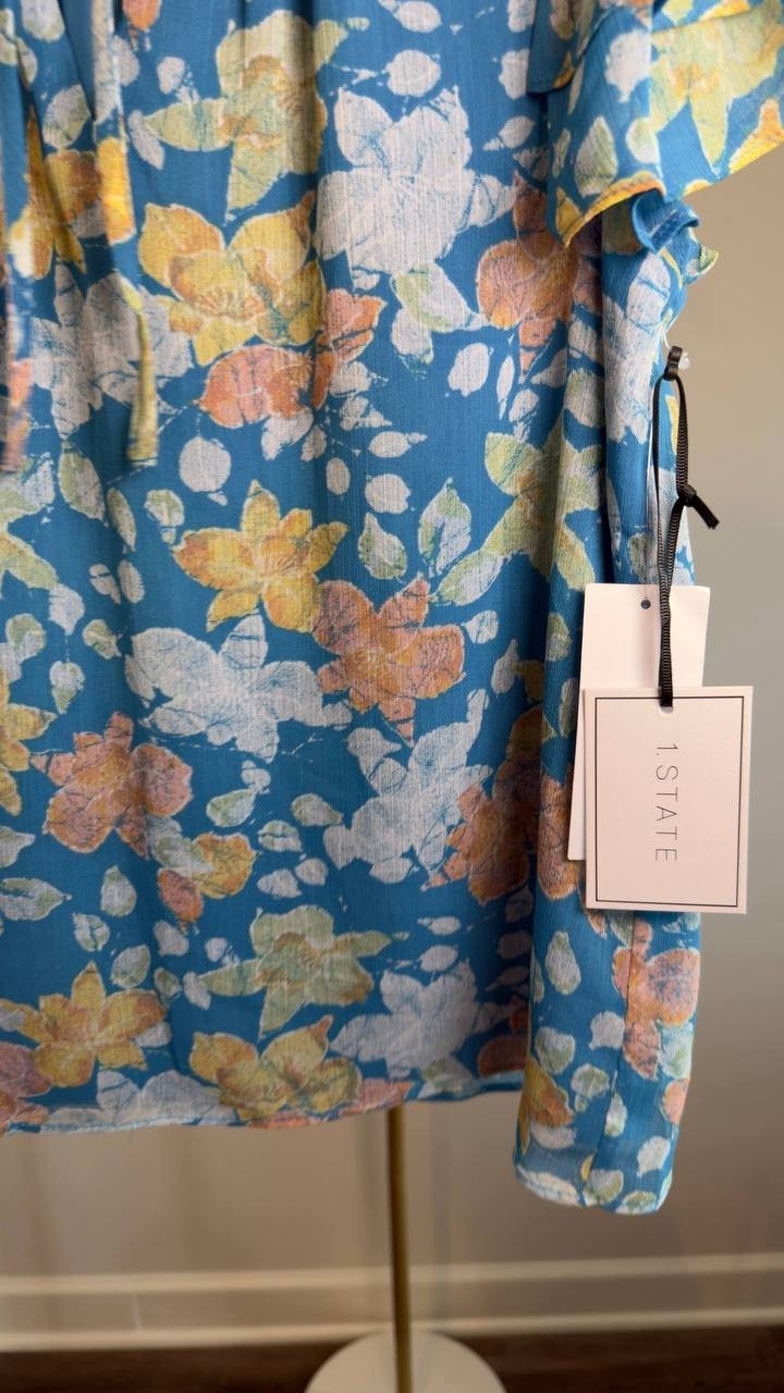 1.STATE Floral Tie‑Neck Short Flutter‑Sleeve Blouse Blue XS NWT $79
