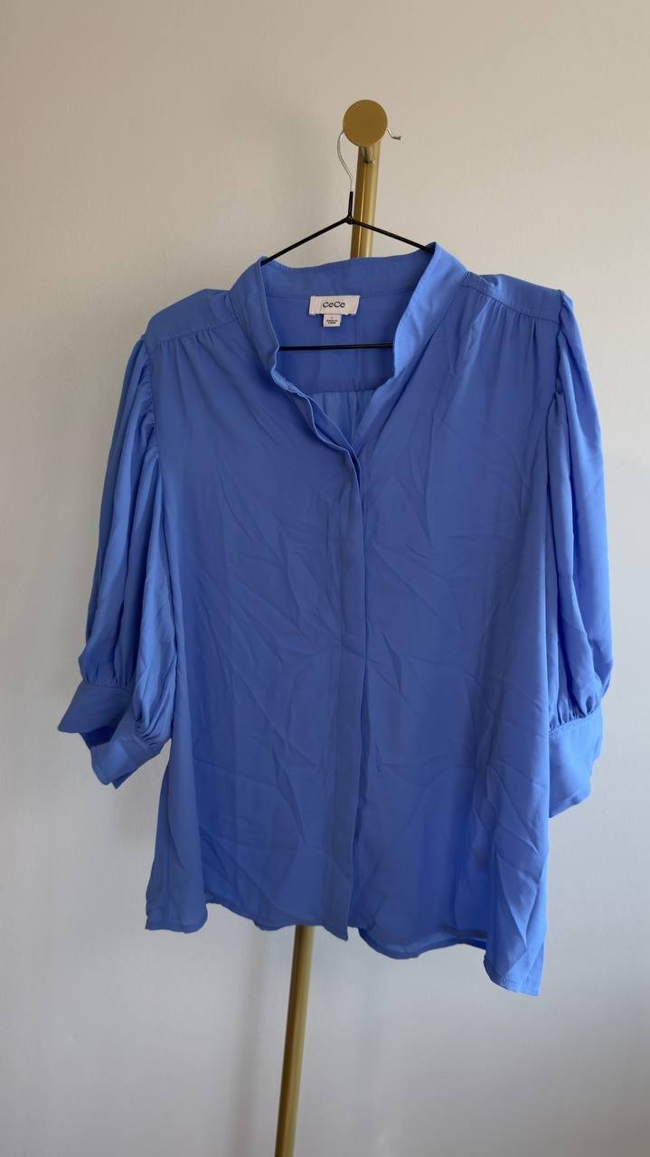 Cece Open Collar 3/4‑Sleeve Top L Blue NWT $69