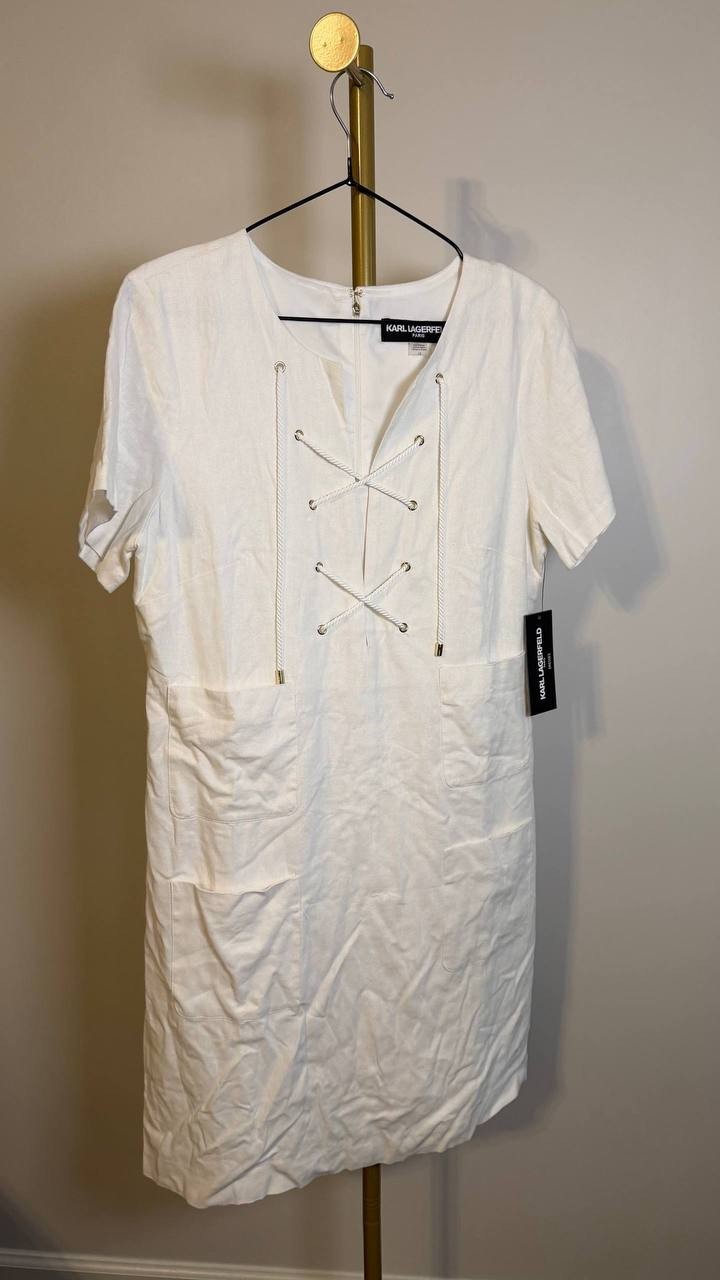 Karl Lagerfeld Paris Lace‑Up Bodice Shift Dress Soft White 10 $138 NWT