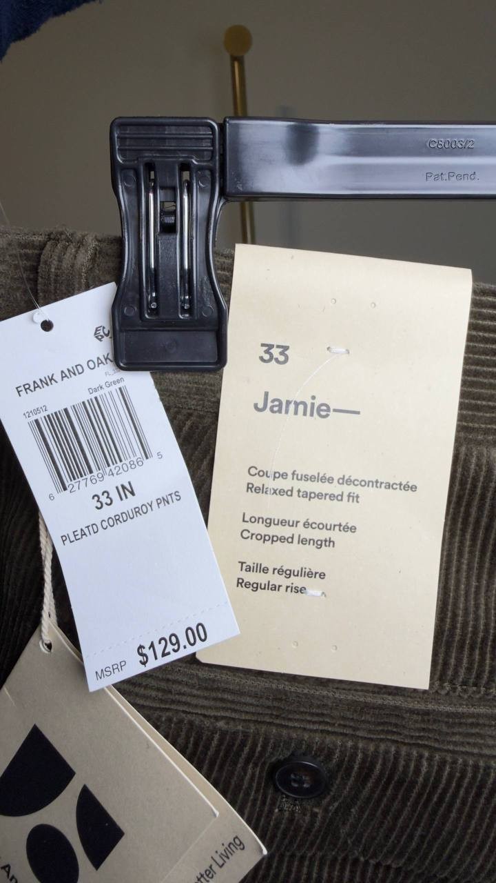 Frank And Oak Jamie Tapered‑Fit Pleated Corduroy Pants Dark Green 33 NWT $129