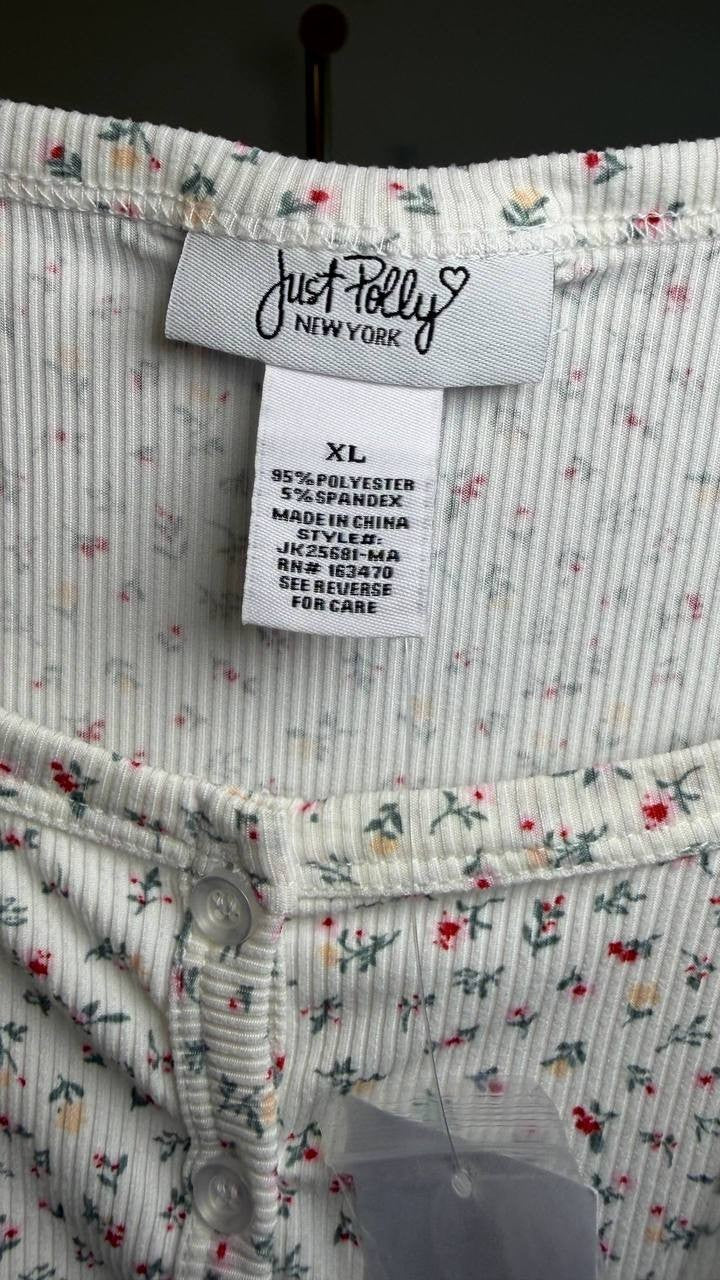 Just Polly Cotton Pointelle Henley Tee Ivory/Pink XL NWT $22