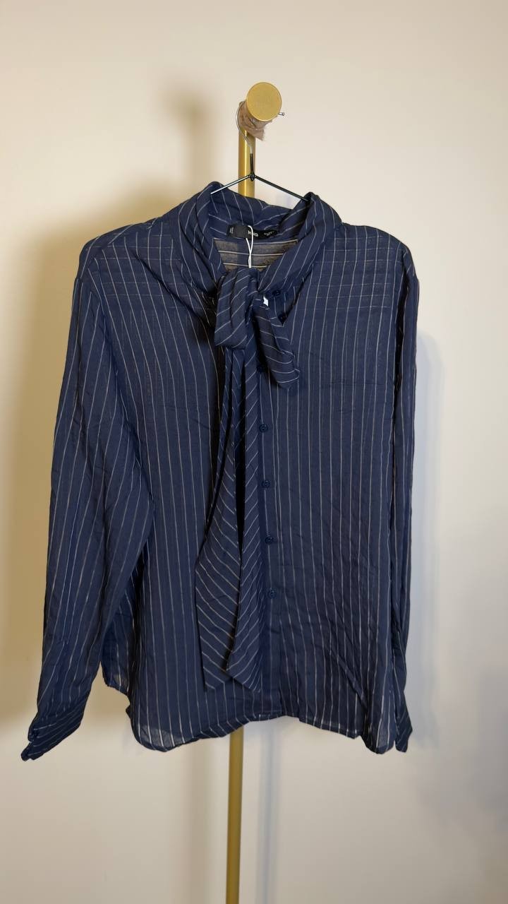 Mango Tie Neck Striped Button Blouse Navy 8 NWT $70