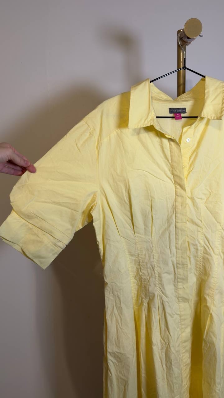 Vince Camuto Pleated Cotton Button‑Up Maxi Shirtdress Lemon Cream M NWT $139