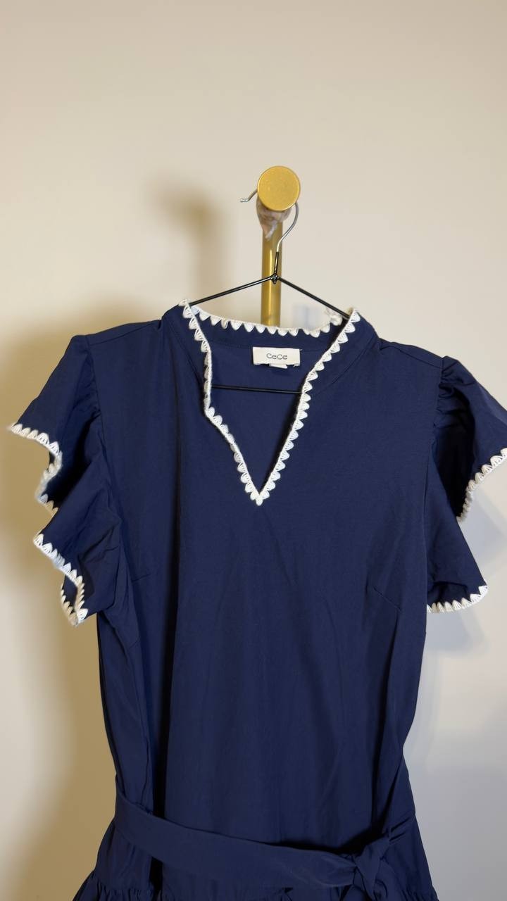CeCe V‑Neck Ruffle Sleeve Tiered Mini Dress Classic Navy 10 NWT $139