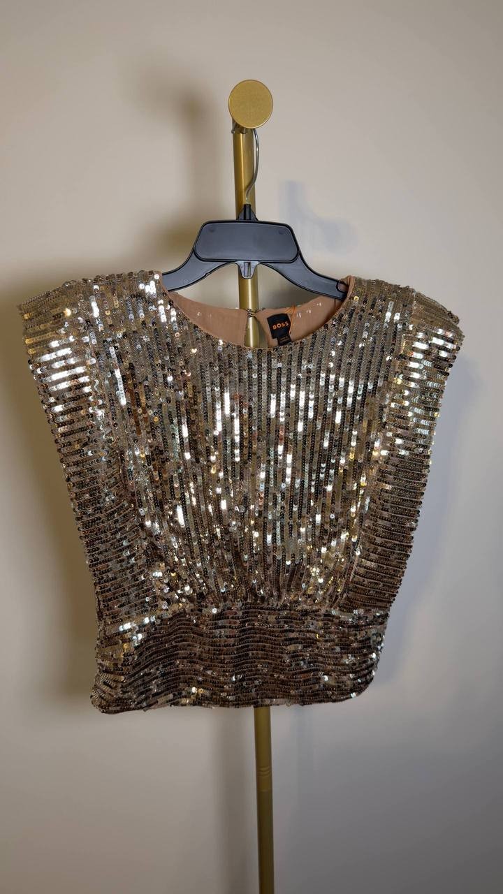 BOSS Illana Sequin Crop Top Gold Size 8 NWT $149