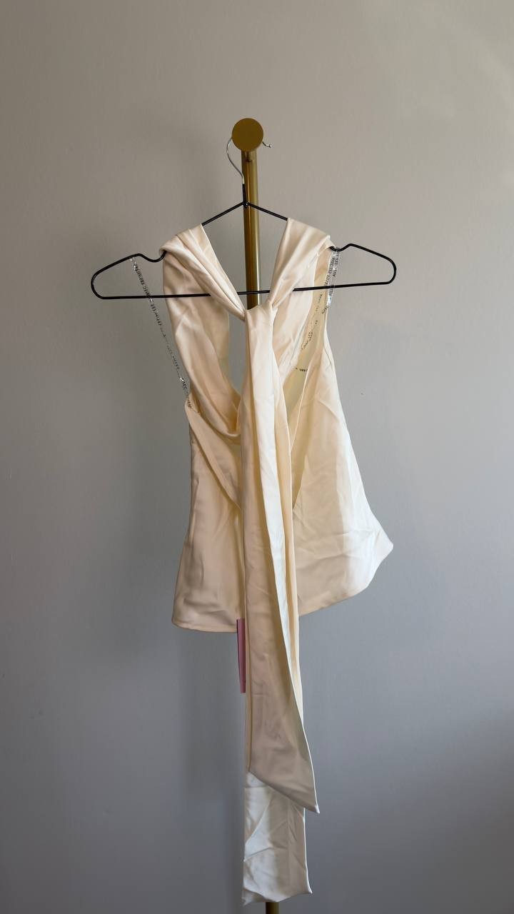 Avec Les Filles Women’s Long‑Tie Halter Top Ivory S NWT $88