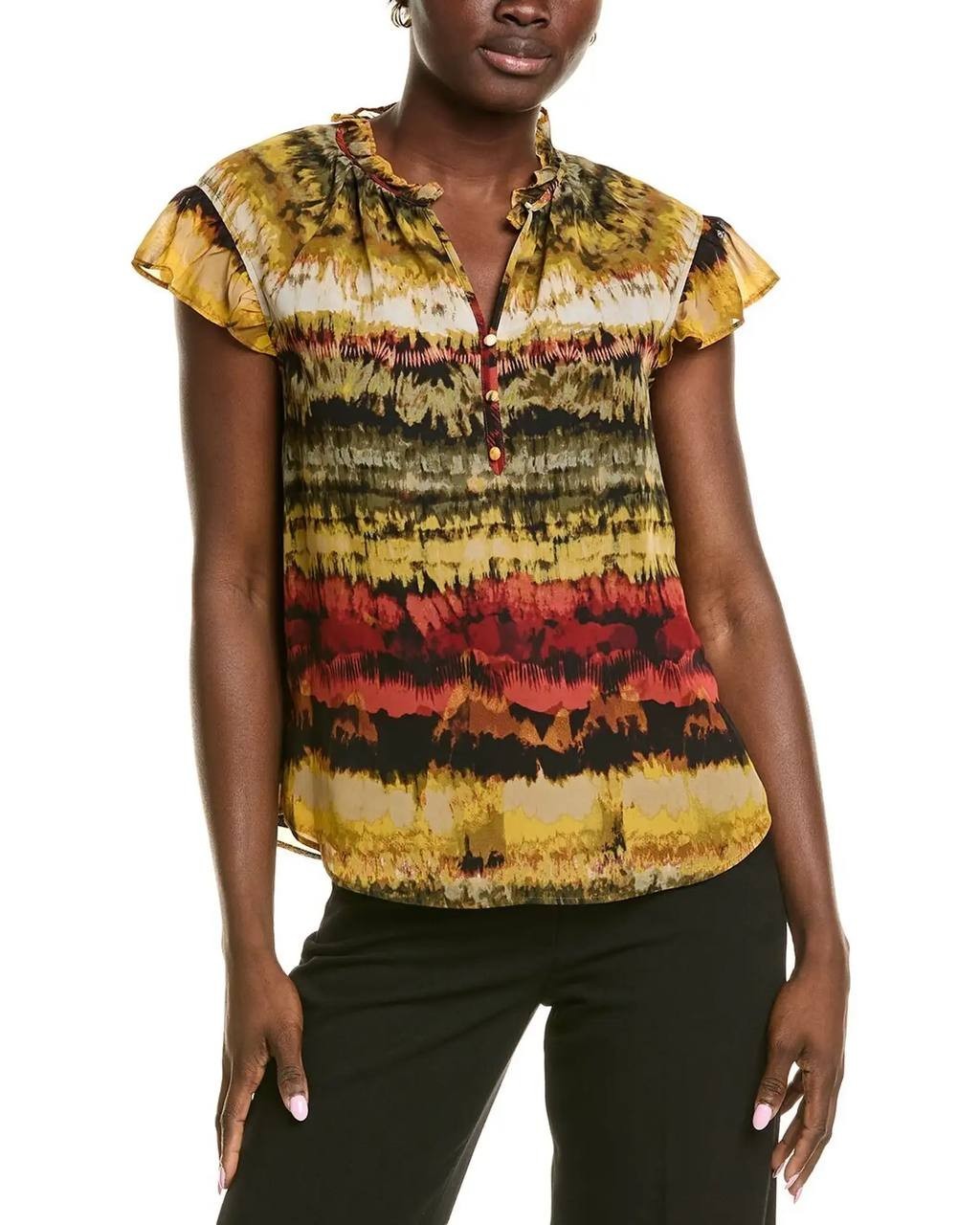 Anne Klein Printed Ruffled Neck Flutter Sleeve Chiffon Top Multi M NWT $79