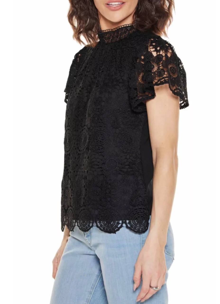 Belldini Women’s Lace‑Front Mock‑Neck Top Black L NWT $59
