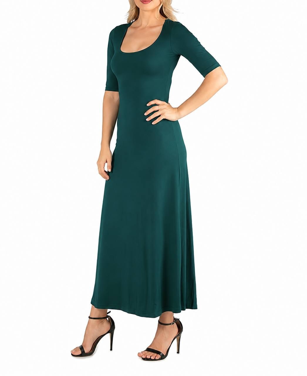 24seven Comfort Apparel Casual Scoop Neck A‑Line Maxi Dress Navy L NWT $57