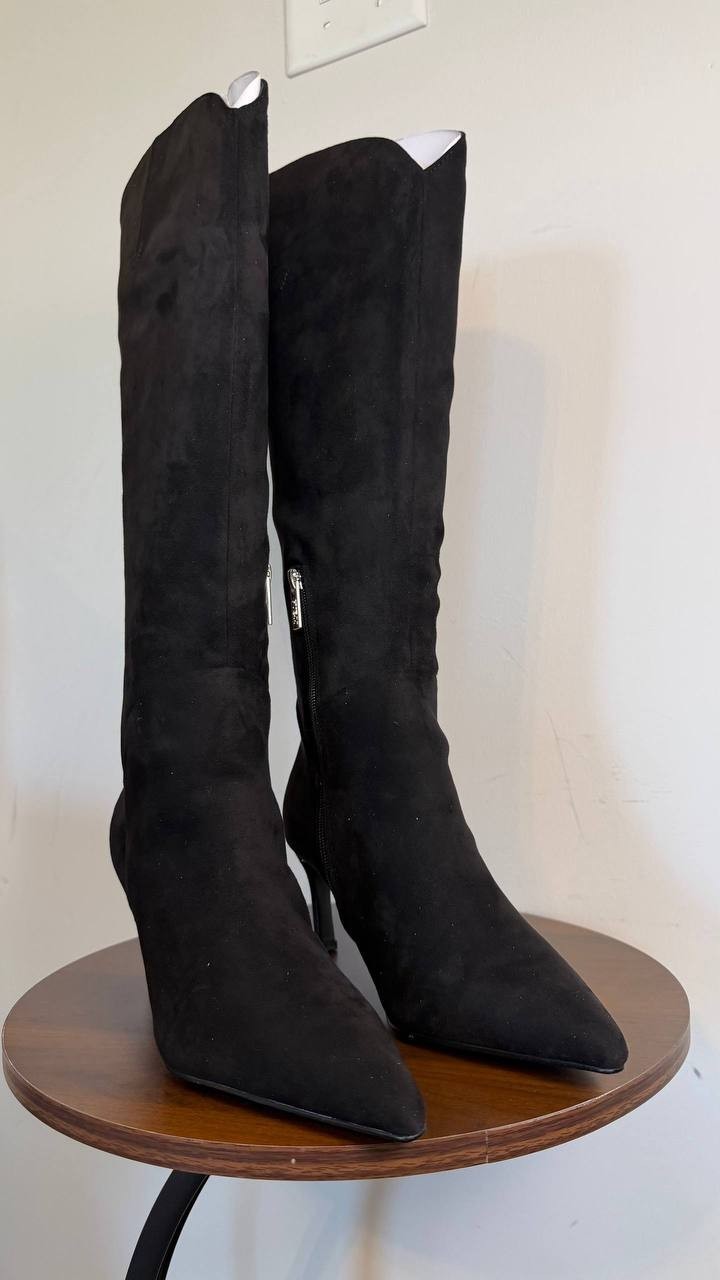 GUESS Palisa Wide Calf Tall Kitten Heel Boots Black 7M Suede $179 NWB