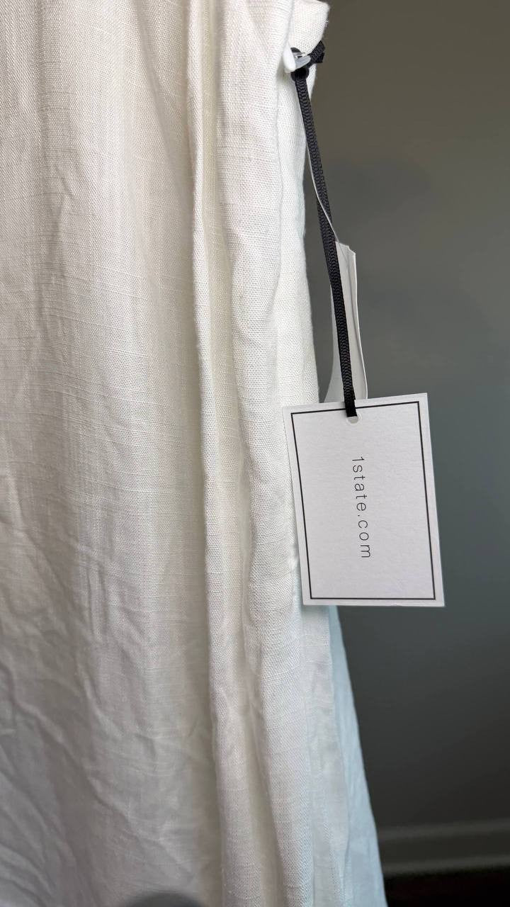 1.STATE Scoop‑Neck Full‑Circle Linen‑Blend Mini Dress White L NWT $99