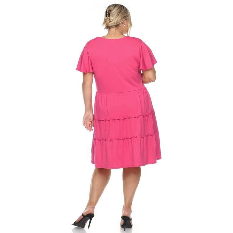 White Mark 2XL Tiered V-Neck Dress NWT Fuchsia Flutter Sleeve Plus Size