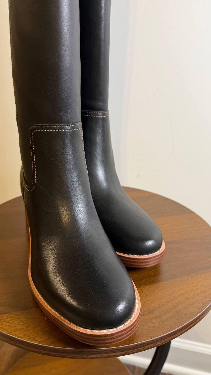 Nine West Hecee Boots 8.5M Black Leather Tall Round Toe Block Heel NIB msrp$269