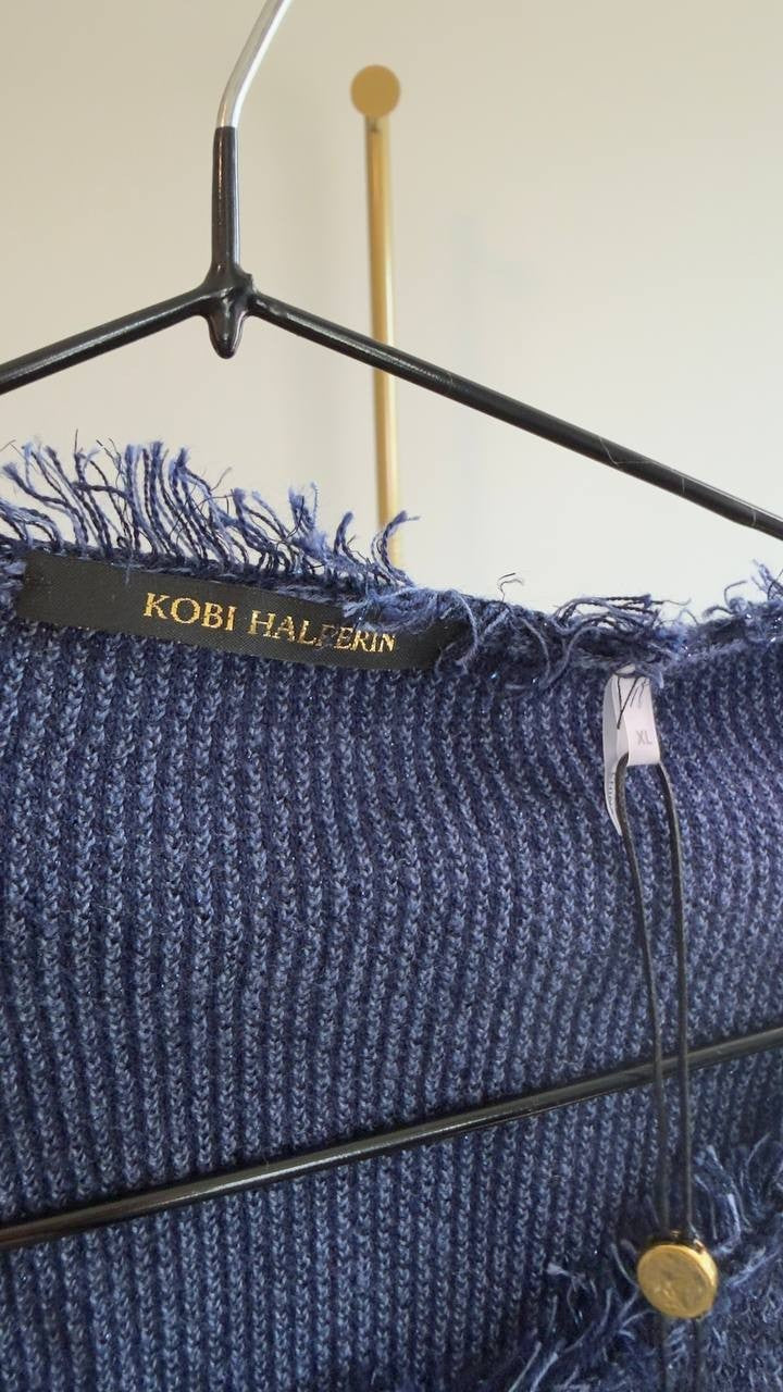 Kobi Halperin Kate Fringe Short Sleeve Sweater Navy XL NWT $298