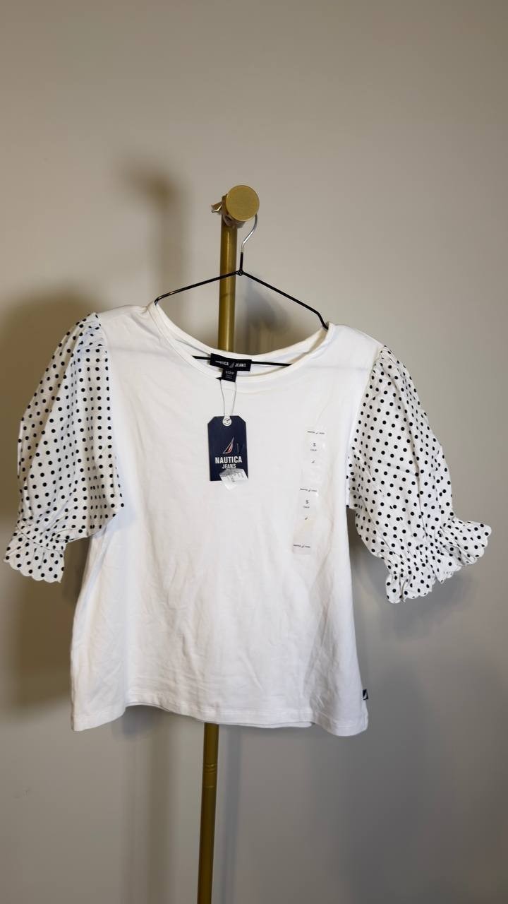 Nautica Jeans Women’s Round‑Neck Contrast Puff‑Sleeve Top White S NWT $59.50