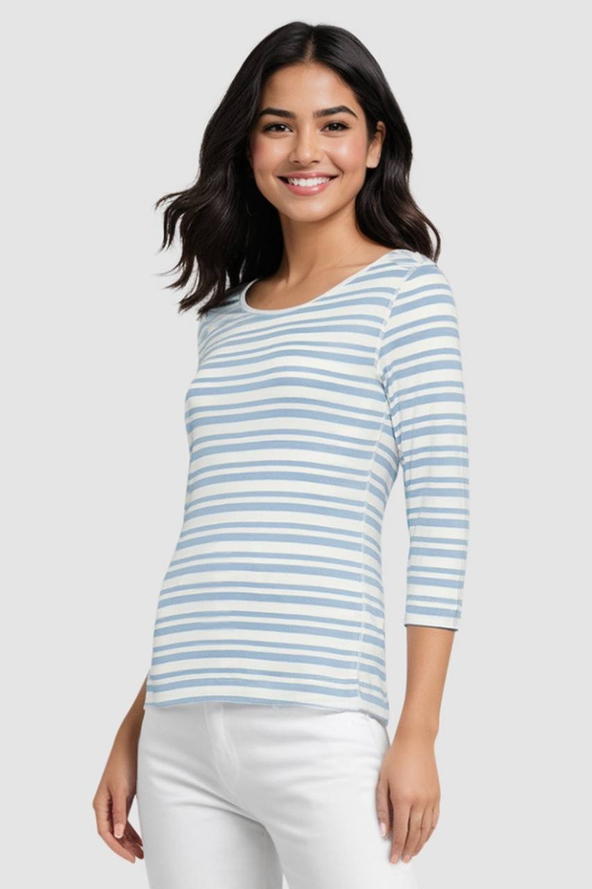 Three Dots Boatneck Striped Tee, Faded Denim, Size M, NWT, 100% Cotton