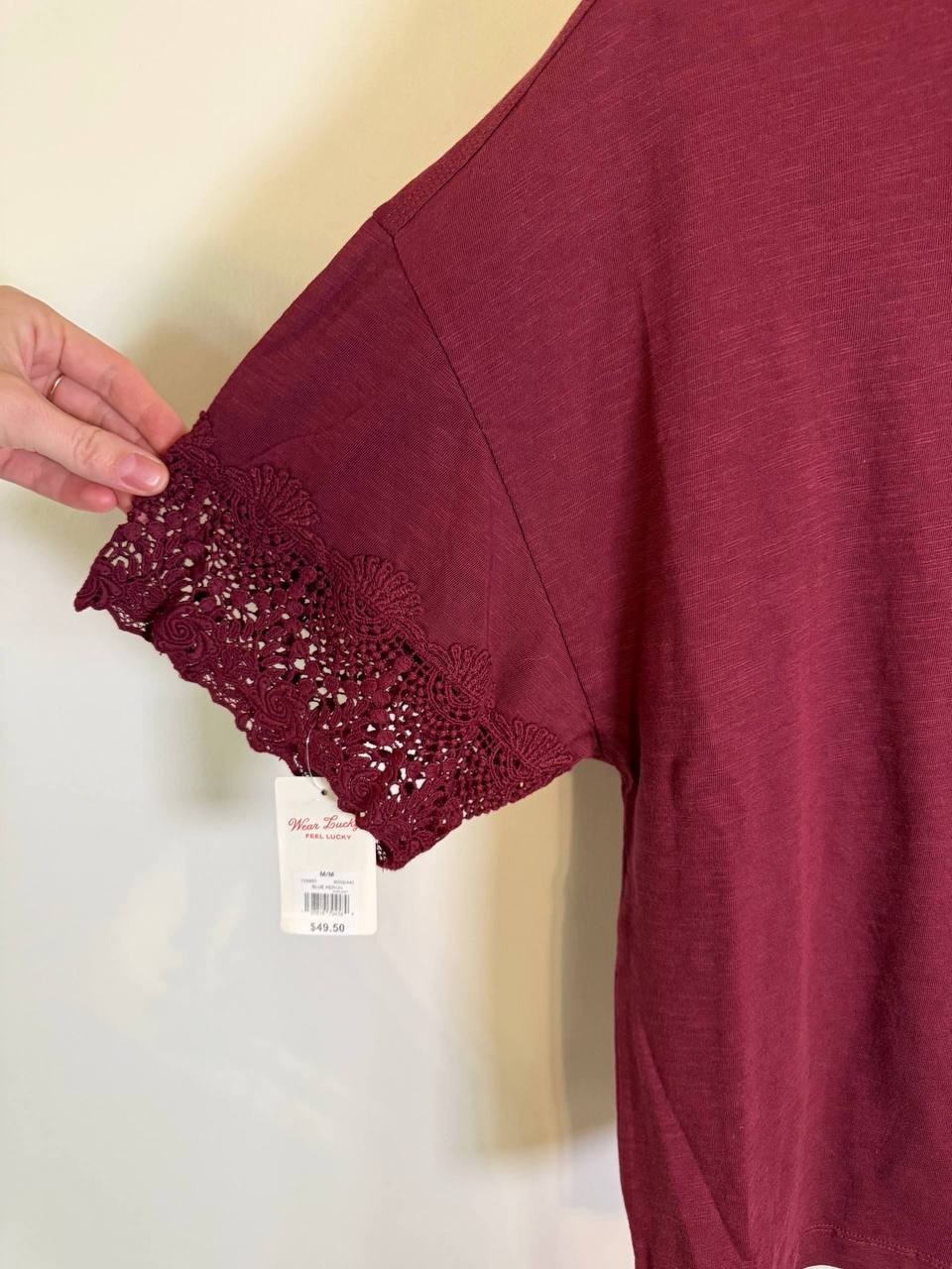 Wear Lucky Burgundy Blouse Embroidered Sleeves – Size 6 – NWT –$49.50