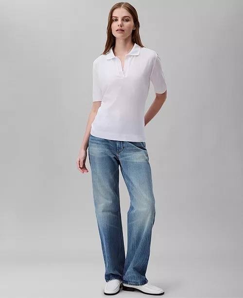 Calvin Klein Short Sleeve Collared Knit Top White Size S NWOT $69