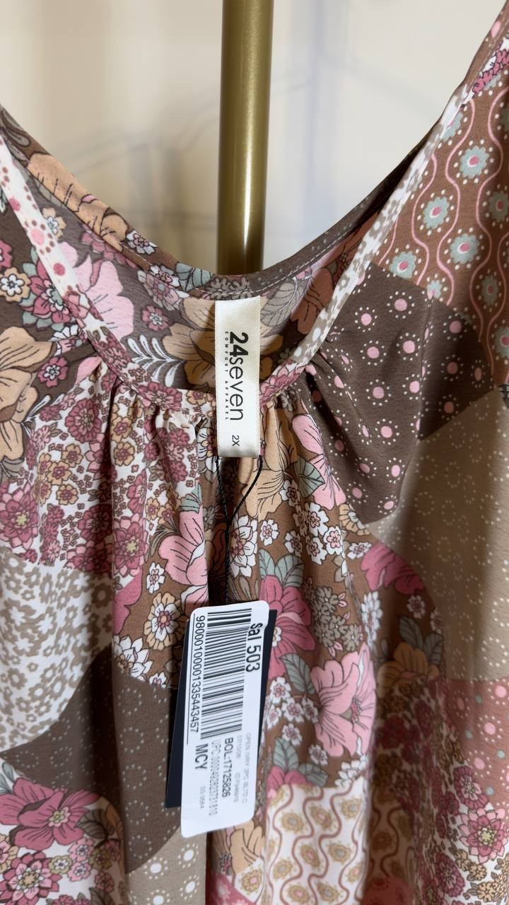 24Seven Comfort Apparel Patchwork Spaghetti Strap Dress Pink Multi 2X NWT $60