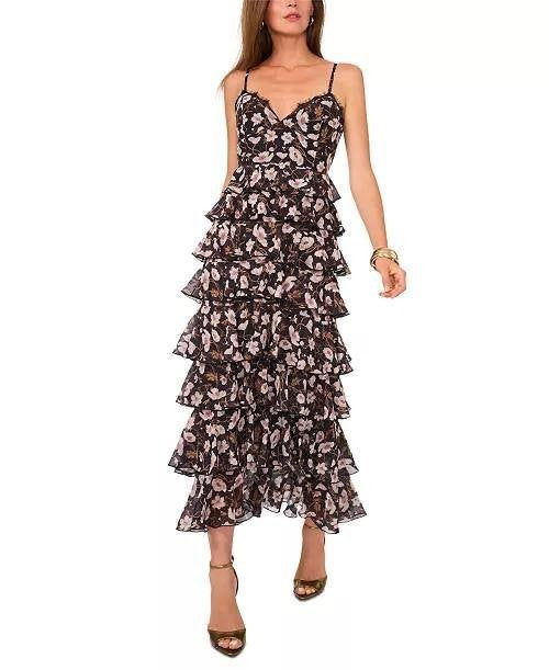 1.STATE V‑Neck Tiered Floral‑Print Maxi Dress Reach Black XL NWT $139