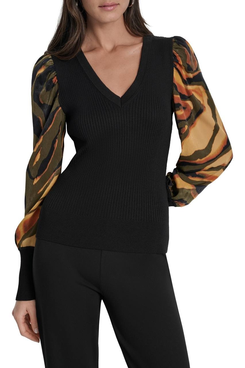 DKNY Rib Puff Shoulder Sweater Black Urban Tiger XS NWT $89