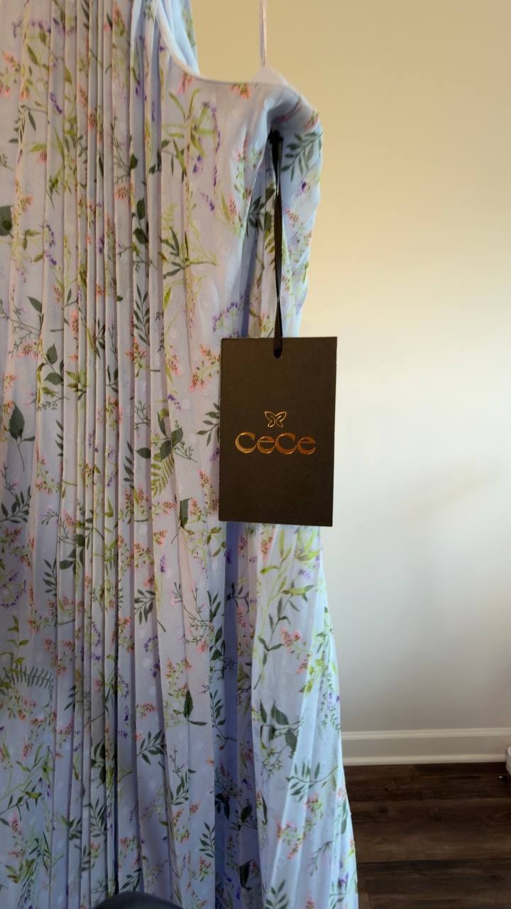 CeCe Pleated Floral Keyhole Maxi Dress Blue Floral XL NWOT $139