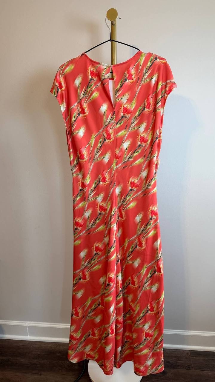 Calvin Klein Cap Sleeve Printed Satin Midi Dress Red Multi L NWT $149