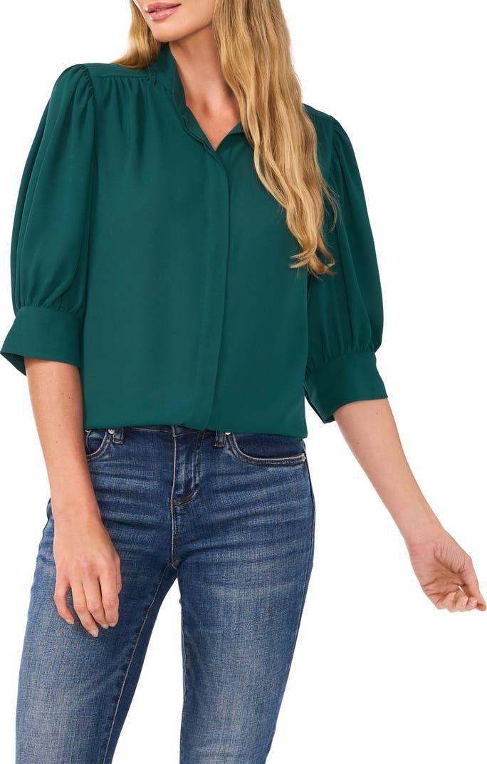 CeCe Puff Sleeve Button-Up Shirt Green Size S Feminine Blouse NWT MSRP $69