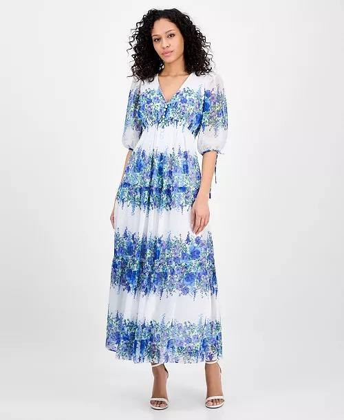 Taylor Printed V-Neck Smocked-Waist Dress Blue/Wisteria 6 NWT $139